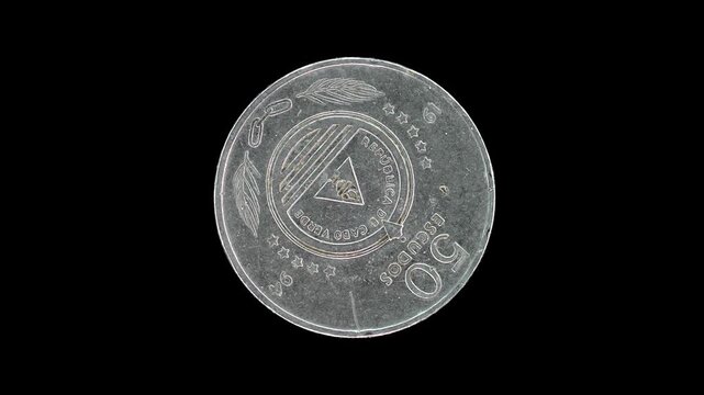 Cape Verde 1994 50 escudos coin obverse with national emblem and wreath rotating on black background