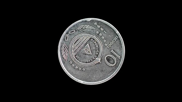 Cape Verde 1994 10 escudos coin obverse with national emblem rotating on black background