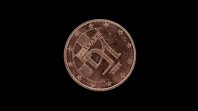 Croatia 2023 5 euro cent coin obverse with HR monogram and chessboard design rotating on black background
