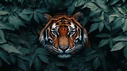 Majestic tiger hiding in the jungle foliage