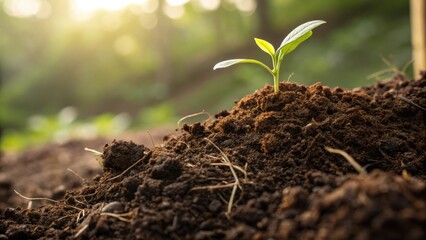 Green Sprout Emerging from Rich Soil in Sunlit Forest Environment