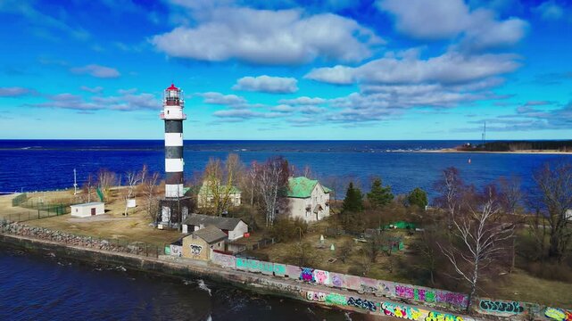 Daugavgrivas Baka Lighthouse In Daugavgrīva On The Bay Of Riga In Latvia. Aerial Shot