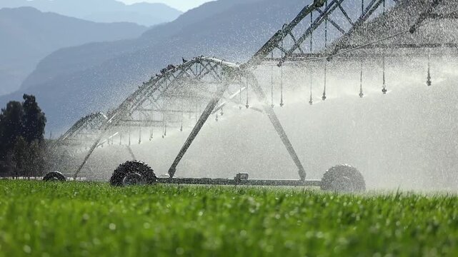Low angle backlit water spray as irrigation pivot waters crop field
