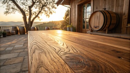 Rustic Wooden Table Overlooking Scenic Vineyard at Sunset with Warm Golden Light