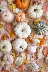 Small Vintage Pumpkins with Dried Leaves and Wilted Flowers in Pastel Tones, Autumnal Still Life Scene for Fall Decor Inspiration Generative AI