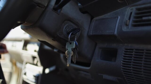 Closeup detail: Hand turns key in vehicle ignition to start truck