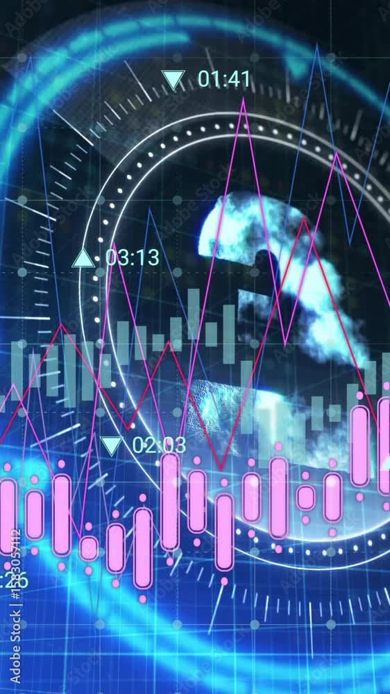Poster animation of data processing and diagrams over scope scanning with pound symbol