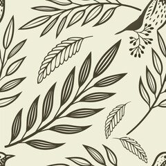 Naklejka premium Elegant seamless pattern with leaves and birds in a naturalistic dark green design