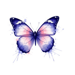 Beautiful watercolor butterfly with blue and pink wings and paint splatters