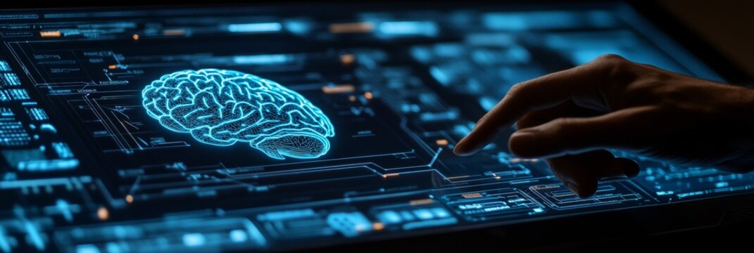 Futuristic Brain Visualization with Digital Interface and Human Interaction, AI Data Concept