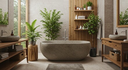 Modern Bathroom with Stone Bathtub and Natural Decor in Bright Light