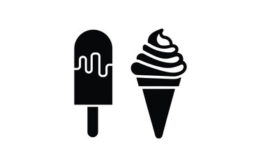Solid Ice Cream Icon Set, Minimal Dessert Silhouette Vector with Soft Serve Cone and Popsicle for Web, Computer and Mobile App