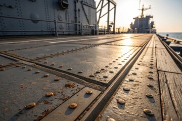 Close-Up of Rusty Metal Detail on Naval Ship Deck at Sunset Over Calm Sea