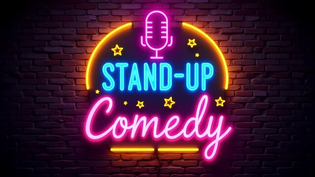 Stand up comedy show neon light sign on brick wall background entertainment and performance night 100