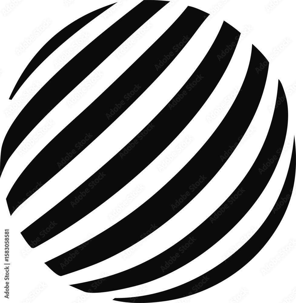 Poster abstract black and white sphere with curved parallel stripes creating a dynamic and modern visual ef