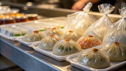 Freshly Prepared Dumplings in Transparent Bags on a Food Preparation Counter