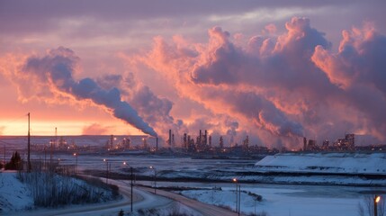 Oil sands production facility at sunrise