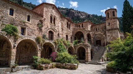 Naklejka premium Historic stone monastery with arched architecture in serene mountain setting