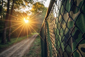 Natural Sunlight Through Chain Link Fence Surrounded by Lush Green Trees and Pathway