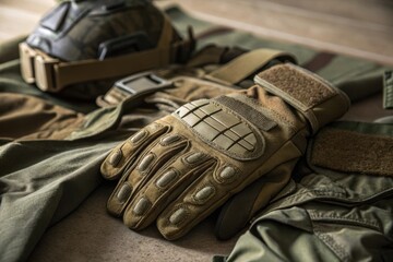 Tactical Military Gear Including Gloves, Helmet, and Camouflage Clothing
