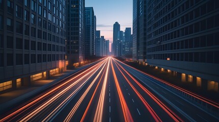 Fototapeta premium High-contrast aerial long-exposure of a deserted straight road between skyscrapers at dusk or dawn, with vibrant light trails and sharp architectural edges—moody and cinematic.