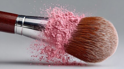 A makeup brush with pink powder, showcasing beauty and cosmetic detail. The brush is laden with vibrant pink powder, creating a visually appealing scene