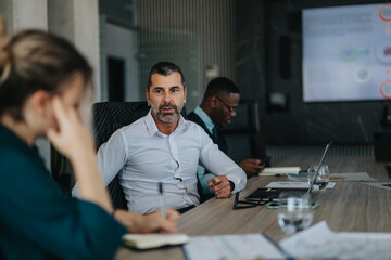 A group of diverse business people engaged in a meeting, focusing on discussion and collaboration...