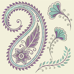 Intricate paisley design with floral accents in soft purple and teal on a white background