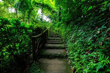 Fresh stairs wooden walkway in the gren natural forest in the rainy season