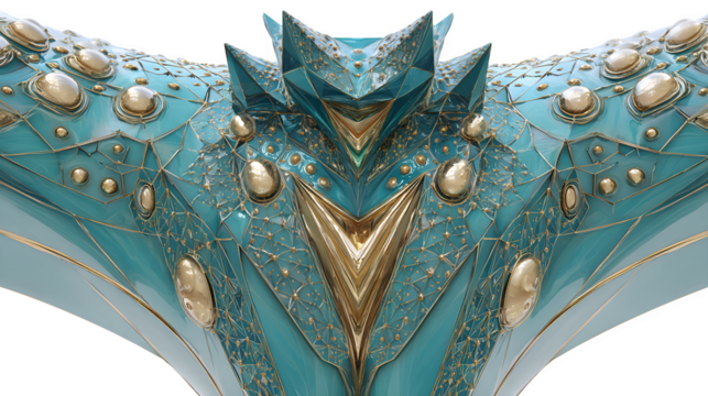 Teal and gold abstract 3D render with intricate geometric patterns for futuristic designs, isolated on white background
