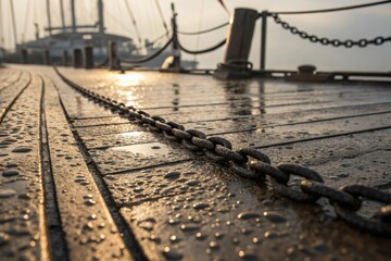 Water Droplets on Weathered Wooden Deck with Chain Against Nautical Background