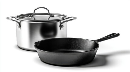 Stainless steel pot and cast iron pan. These kitchen tools represent cooking equipment essentials for culinary creations 