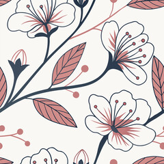 Seamless floral pattern with delicate blossoms leaves and berries in soft pastel colors