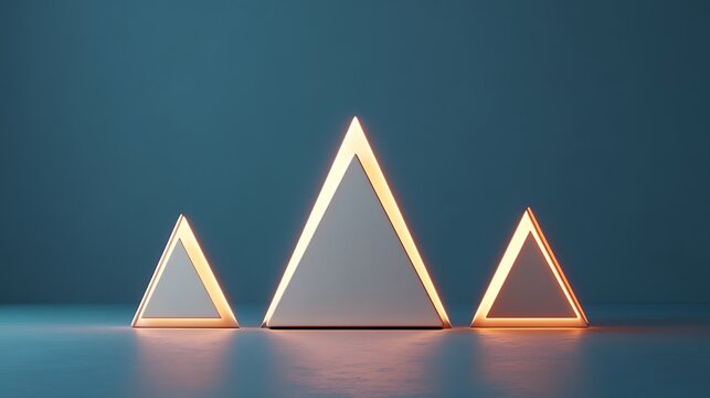 Three illuminated white triangles on a dark background