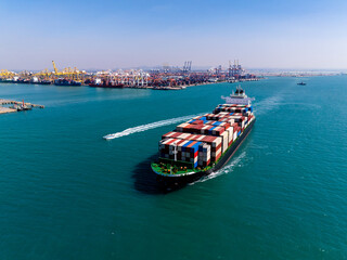 shipping cargo logistic, container ship carrying in sea import export goods and distributing...