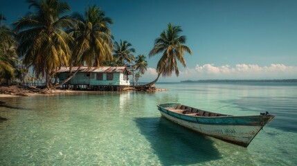 Obraz premium An idyllic coastal scene featuring a tranquil boat, a charming building, and palm trees, all under a clear, blue sky. The scene evokes feelings of peace, tranquility.