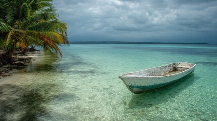 Obraz premium A serene scene of a boat resting on a pristine, turquoise ocean, under an overcast sky. The scene evokes a sense of tranquility and natural beauty.