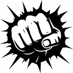 Black and white silhouette of a clenched fist punching forward, surrounded by sharp burst lines radiating from the point of impact — symbolizing strength, resistance, and dynamic force in a minimal an