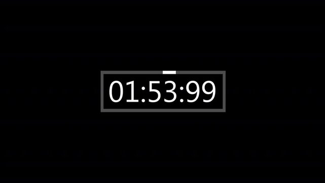 two minutes digital countdown timer stopwatch animation on a transparent background with minutes, seconds, miliseconds, 2 minutes Countdown video with alpha channel.	