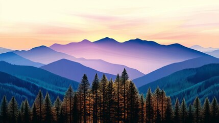 Obraz premium Breathtaking Majestic Mountain Range Vista at Sunset with Serene Forest and Layered Peaks in View