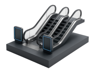 Split-level platform with escalators and digital information displays