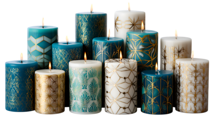 Teal, gold, and white candles arranged in a geometric pattern for home decor visuals, isolated on white background