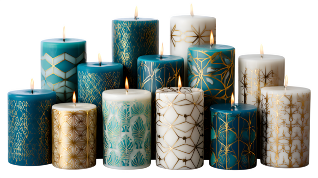Teal, gold, and white candles arranged in a geometric pattern for home decor visuals, isolated on white background