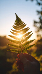 Golden Hour Glow: Hand Holding Fern Leaf Against Sunset