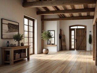Spacious hallway with beam ceiling and wooden console table. Interior design of modern rustic