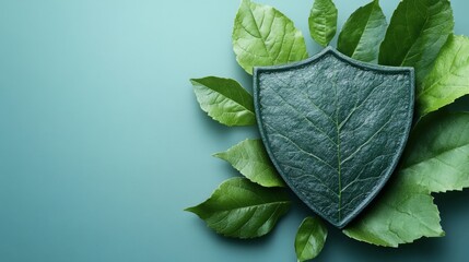 Green shield protecting fresh leaves symbolizing environmental conservation on turquoise background