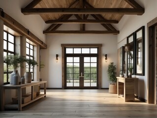Spacious hallway with beam ceiling and wooden console table. Interior design of modern rustic