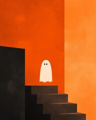 Halloween concept. Ghost on grunge background with orange and black stripes, illustration, minimalist poster. Halloween ghost in front of orange wall.