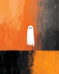 Halloween concept. Ghost on grunge background with orange and black stripes, illustration, minimalist poster. Halloween ghost in front of orange wall.