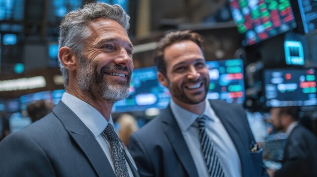 Two successful businessmen smiling confidently on the trading floor.  Surrounded by financial data screens, they exude success and partnership.